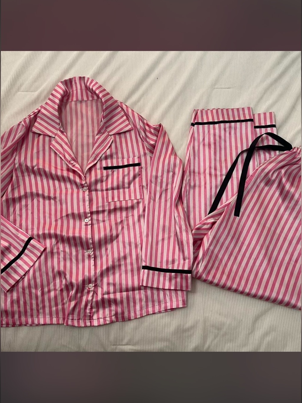 Women's Pink and White Striped Pajama Set with Black Trim